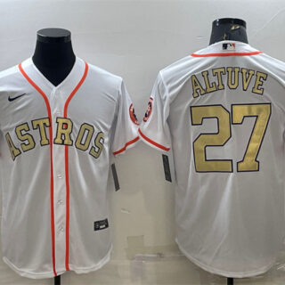 Men's Houston Astros #27 Jose Altuve White Gold 2022 World Series Stitched Baseball Jersey