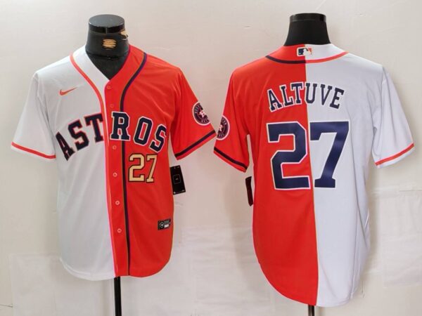 Men's Houston Astros #27 Jose Altuve White Orange Split With Patch Cool Base Stitched Baseball Jerseys