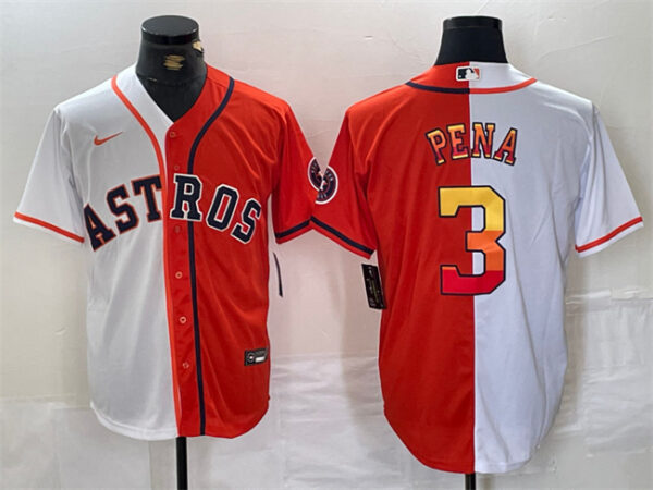Men's Houston Astros #3 Jeremy Peña White Orange Split With Patch Cool Base Stitched Baseball Jersey