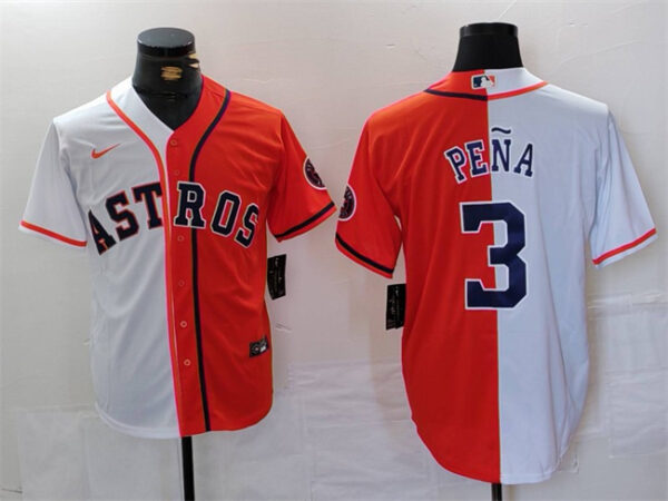 Men's Houston Astros #3 Jeremy Peña White Orange Split With Patch Cool Base Stitched Baseball Jersey