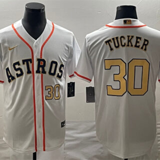 Men's Houston Astros #30 Kyle Tucker White 2023 Gold Collection With World Serise Champions Patch Cool Base Stitched Baseball Jersey