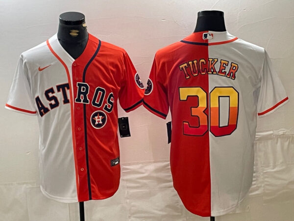 Men's Houston Astros #30 Kyle Tucker White Orange Split With Patch Cool Base Stitched Baseball Jerseys