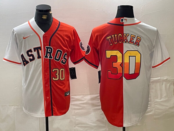 Men's Houston Astros #30 Kyle Tucker White Orange Split With Patch Cool Base Stitched Baseball Jerseys