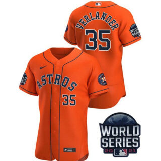 Men's Houston Astros #35 Justin Verlander 2021 Orange World Series Flex Base Stitched Baseball Jersey