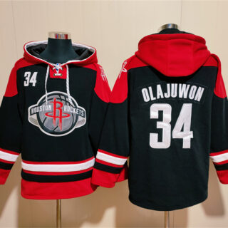 Men's Houston Rockets #34 Hakeem Olajuwon Black Red Lace-Up Pullover Hoodie