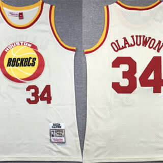 Men's Houston Rockets #34 Hakeem Olajuwon White Mitchell & Ness Hardwood Classics Swingman Stitched Basketball Jersey