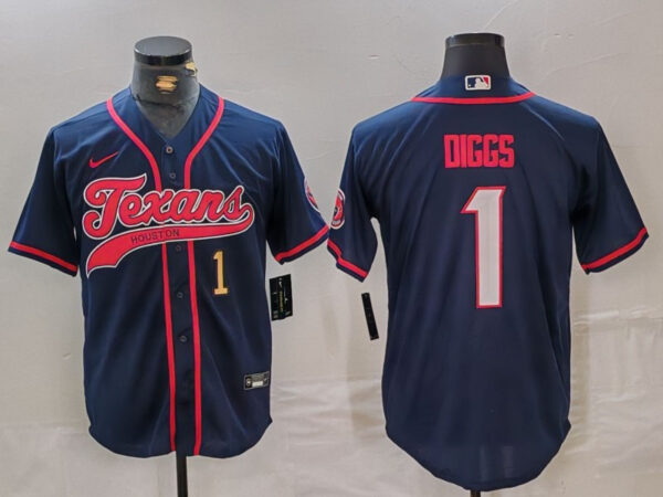 Men's Houston Texans #1 Stefon Diggs Navy With Patch Cool Base Stitched Baseball Jerseys