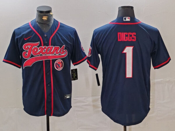 Men's Houston Texans #1 Stefon Diggs Navy With Patch Cool Base Stitched Baseball Jerseys