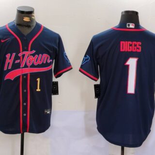 Men's Houston Texans #1 Stefon Diggs Navy With Patch Cool Base Stitched Baseball Jerseys