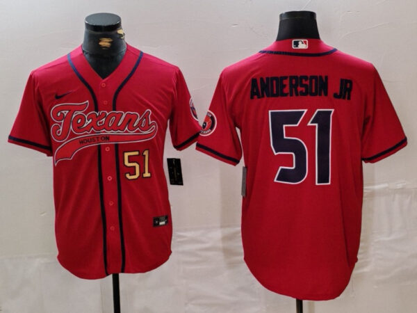 Men's Houston Texans #51 Will Anderson Jr. Red With Patch Cool Base Stitched Baseball Jerseys