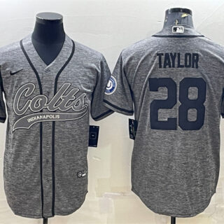 Men's Indianapolis Colts #28 Jonathan Taylor Grey With Patch Cool Base Stitched Baseball Jersey