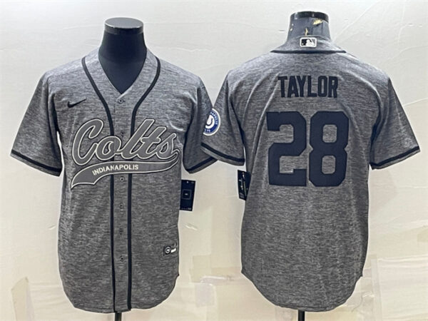 Men's Indianapolis Colts #28 Jonathan Taylor Grey With Patch Cool Base Stitched Baseball Jersey