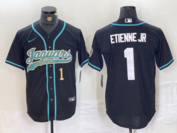 Men's Jacksonville Jaguars #1 Travis Etienne Jr. Black With Patch Cool Base Stitched Baseball Jerseys