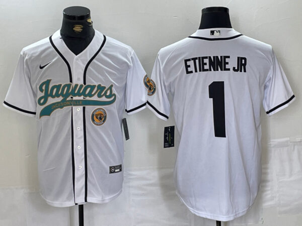 Men's Jacksonville Jaguars #1 Travis Etienne Jr. White With Patch Cool Base Stitched Baseball Jerseys