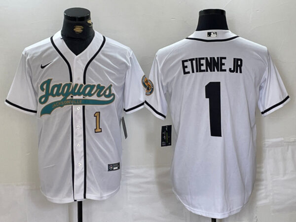 Men's Jacksonville Jaguars #1 Travis Etienne Jr. White With Patch Cool Base Stitched Baseball Jerseys
