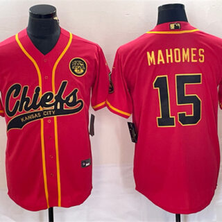 Men's Kansas City Chiefs #15 Patrick Mahomes Red Gold Cool Base Stitched Baseball Jersey