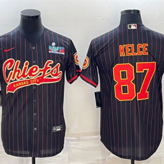 Men's Kansas City Chiefs #87 Travis Kelce Black With Super Bowl LVII Patch Cool Base Stitched Baseball Jersey