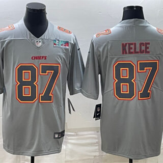 Men's Kansas City Chiefs #87 Travis Kelce Gray Super Bowl LVII Patch Atmosphere Fashion Stitched Jersey