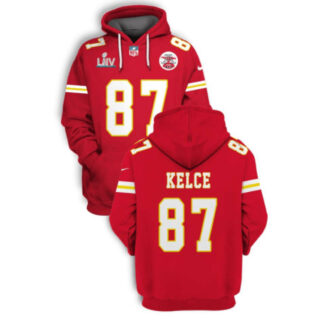 Men's Kansas City Chiefs #87 Travis Kelce Red 2021 Super Bowl LIV Pullover Hoodie
