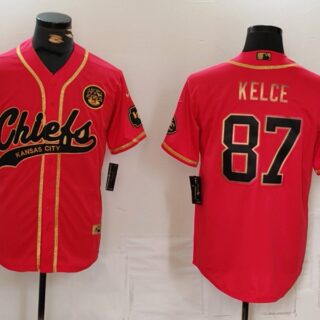 Men's Kansas City Chiefs #87 Travis Kelce Red Gold Cool Base Stitched Baseball Jersey