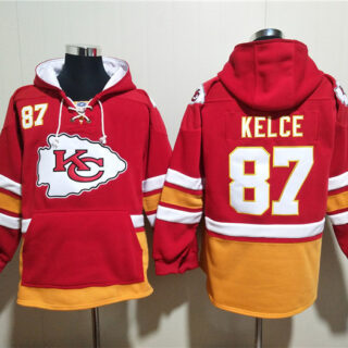 Men's Kansas City Chiefs #87 Travis Kelce Red Lace-Up Pullover Hoodie