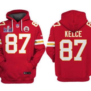 Men's Kansas City Chiefs #87 Travis Kelce Red Super Bowl LVIII Patch Pullover Hoodie