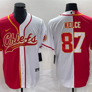 Men's Kansas City Chiefs #87 Travis Kelce Red White Split Cool Base Stitched Baseball Jersey