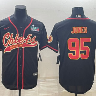 Men's Kansas City Chiefs #95 Chris Jones Black With Super Bowl LVII Patch Cool Base Stitched Baseball Jersey