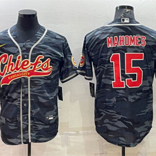 Men's Kansas City Chiefs Blank #15 Patrick Mahomes Grey Navy Camo With Patch Cool Base Stitched Baseball Jersey