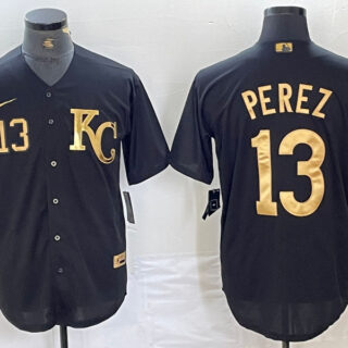 Men's Kansas City Royals #13 Salvador Perez Black Gold Cool Base Stitched Jersey 2