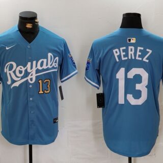 Men's Kansas City Royals #13 Salvador Perez Light Blue Cool Base Stitched Jerseys