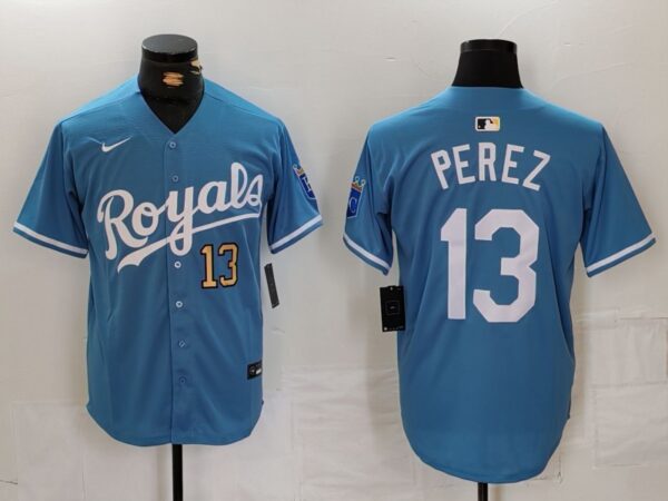 Men's Kansas City Royals #13 Salvador Perez Light Blue Cool Base Stitched Jerseys