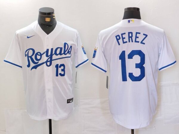 Men's Kansas City Royals #13 Salvador Perez White Cool Base Stitched Jerseys