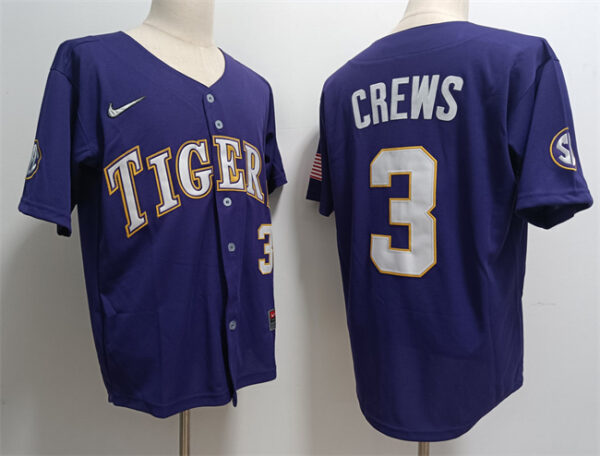 Men's LSU Tigers #3 Ylan Crews Purple 2023 Stitched Baseball Jersey