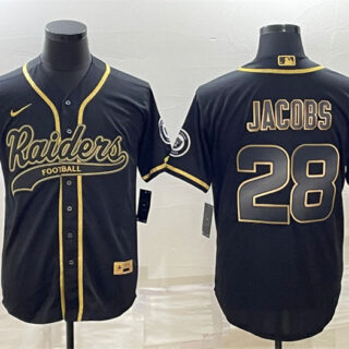 Men's Las Vegas Raiders #28 Josh Jacobs Black Gold With Patch Cool Base Stitched Baseball Jersey
