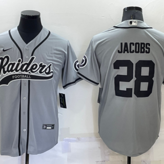 Men's Las Vegas Raiders #28 Josh Jacobs Grey Cool Base Stitched Baseball Jersey