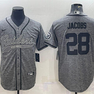 Men's Las Vegas Raiders #28 Josh Jacobs Grey With Patch Cool Base Stitched Baseball Jersey