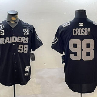 Men's Las Vegas Raiders #98 Maxx Crosby Black With Nevada Silver Stat Patch And 65th Anniversary Patch 3-Star C Patch Stitched Baseball Jerseys
