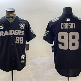 Men's Las Vegas Raiders #98 Maxx Crosby Black With Nevada Silver Stat Patch And 65th Anniversary Patch 3-Star C Patch Stitched Baseball Jersey