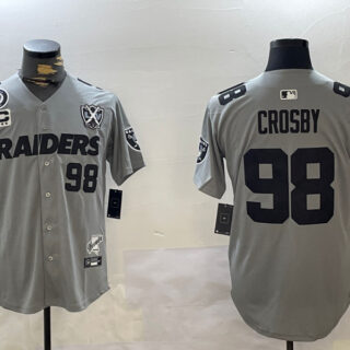Men's Las Vegas Raiders #98 Maxx Crosby Grey With Nevada Silver Stat Patch And 65th Anniversary Patch 3-Star C Patch Stitched Baseball Jerseys