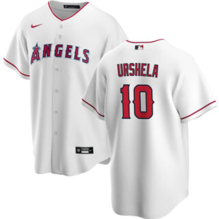 Men's Los Angeles Angels #10 Gio Urshela White Cool Base Stitched Jersey