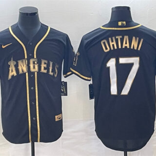 Men's Los Angeles Angels #17 Shohei Ohtani Black Gold Cool Base Stitched Baseball Jersey
