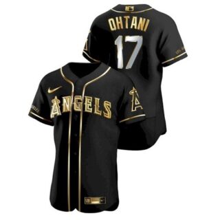 Men's Los Angeles Angels #17 Shohei Ohtani Black Gold Stitched MLB Flex Base Nike Jersey