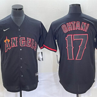 Men's Los Angeles Angels #17 Shohei Ohtani Black Red Cool Base Stitched Jersey