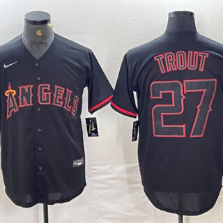 Men's Los Angeles Angels #27 Mike Trout Black Red Cool Base Stitched Baseball Jersey