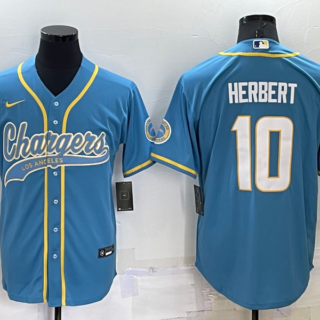 Men's Los Angeles Chargers #10 Justin Herbert Blue Cool Base Stitched Baseball Jersey