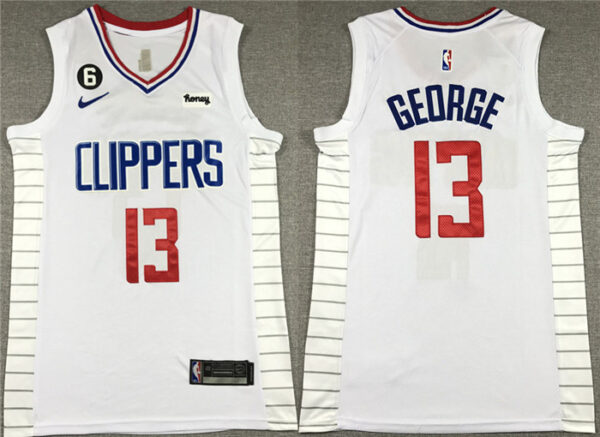 Men's Los Angeles Clippers #13 Paul George White With NO.6 Patch Stitched Jersey