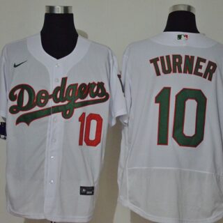 Men's Los Angeles Dodgers #10 Justin Turner White With Green Name Stitched MLB Flex Base Nike Jersey