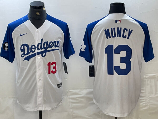 Men's Los Angeles Dodgers #13 Max Muncy White Blue Vin Patch Cool Base Stitched Baseball Jersey