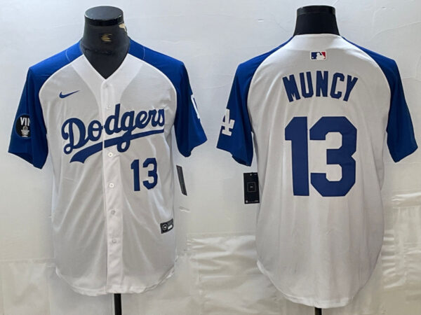 Men's Los Angeles Dodgers #13 Max Muncy White Blue Vin Patch Cool Base Stitched Baseball Jersey